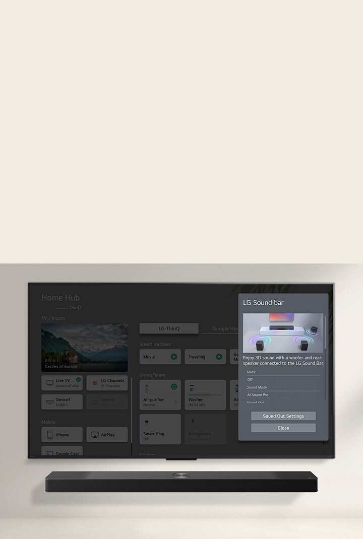 LG SoundbarがLG OLED TVの下にある。TV画面にはSoundbarとTV音声コントロールのUIが表示されている。
