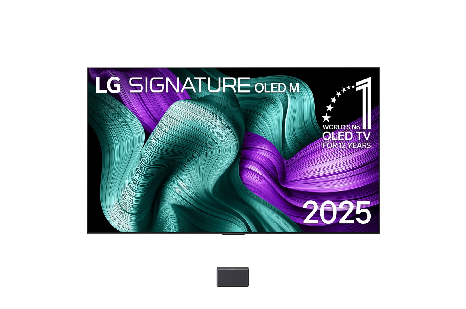 Front view of LG SIGNATURE OLED M5 TV. 12 Years of world number 1 OLED emblem and LG SIGNATURE OLED M logo are on the screen. Zero Connect Box in the corner with the title, Zero Connect Box with 4K wireless video & audio transfer