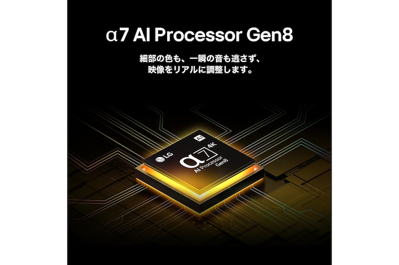 第8世代alpha 7 AIプロセッサーが黄色に光った後、カラフルな光が放たれる。プロセッサーが4K品質と優れた色および輝度を提供することを説明するタイトル。