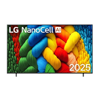 NanoCell TVの正面図。上の端にLG NanoCell AIのロゴがある。LG NanoCell NANO80 TVに絵の具のようなカラフルなテクスチャーが1つになるところが映っている。