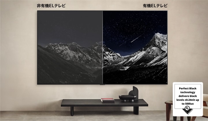 壁掛けのLG OLED TVがあるリビングルーム空間。TV画面には、暗い星空を背景にした山岳地帯が映っている。この画像が2つに分けられる。片方はよりぼんやりとした、灰色の風景を表示している。こちらには「マットディスプレイ」と表記されている。もう片方は黒と白のコントラストが美しい素晴らしい眺めの画像を表示している。こちらには「Perfect Blackディスプレイ」とある。認定ロゴも表示され、「Perfect Blackテクノロジーは最大輝度500 luxで0.24 nit以下の黒レベルを実現します」と書かれている。そのすぐ近くにテキスト吹き出しがあり、「Perfect Black認定マークをチェック」と書かれている。