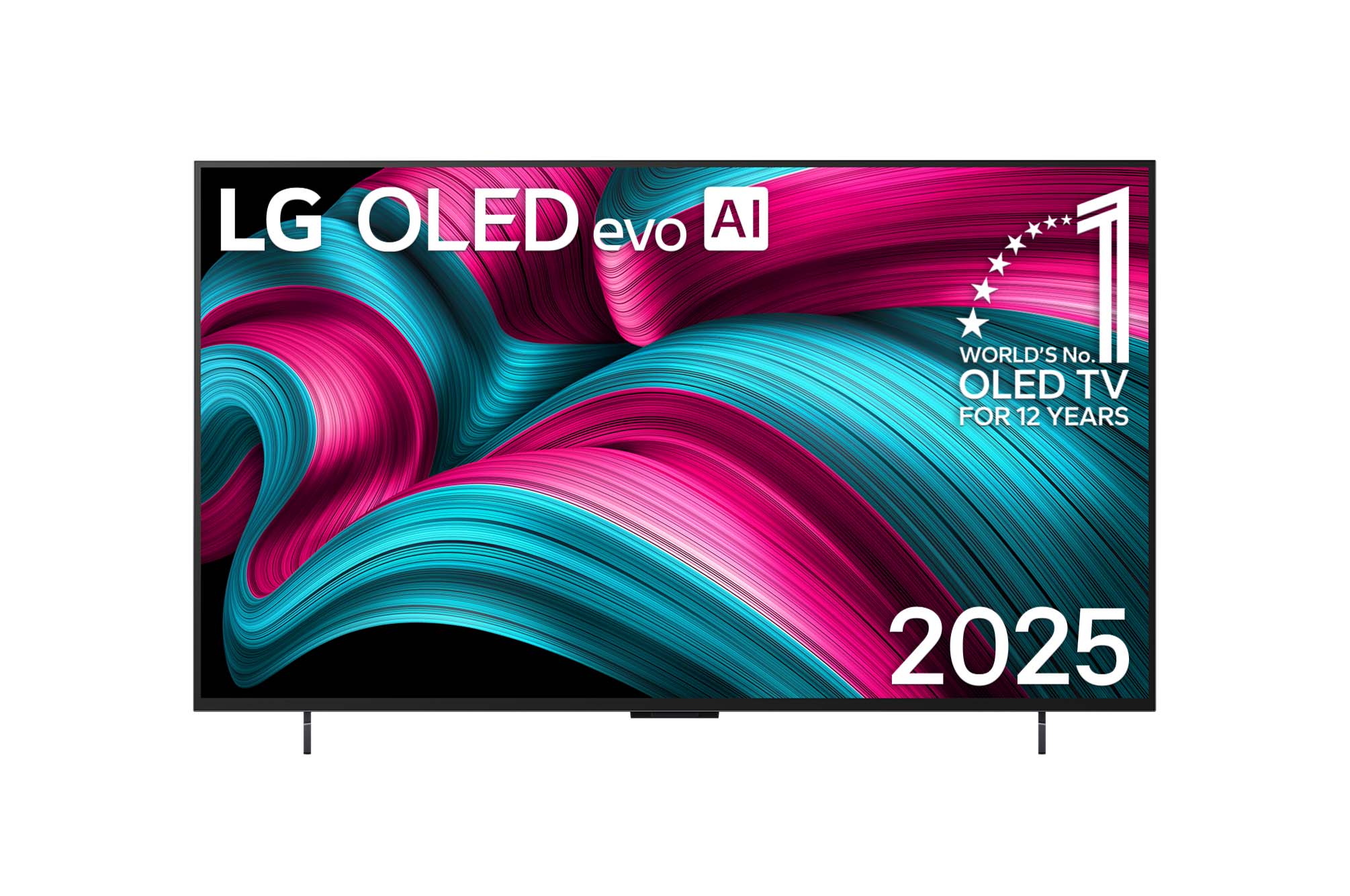 LG OLED evo AI C5 4KスマートTVの正面図。12年間OLED世界一というエンブレムと、LG OLED evo AI 2025ロゴが画面に表示される。