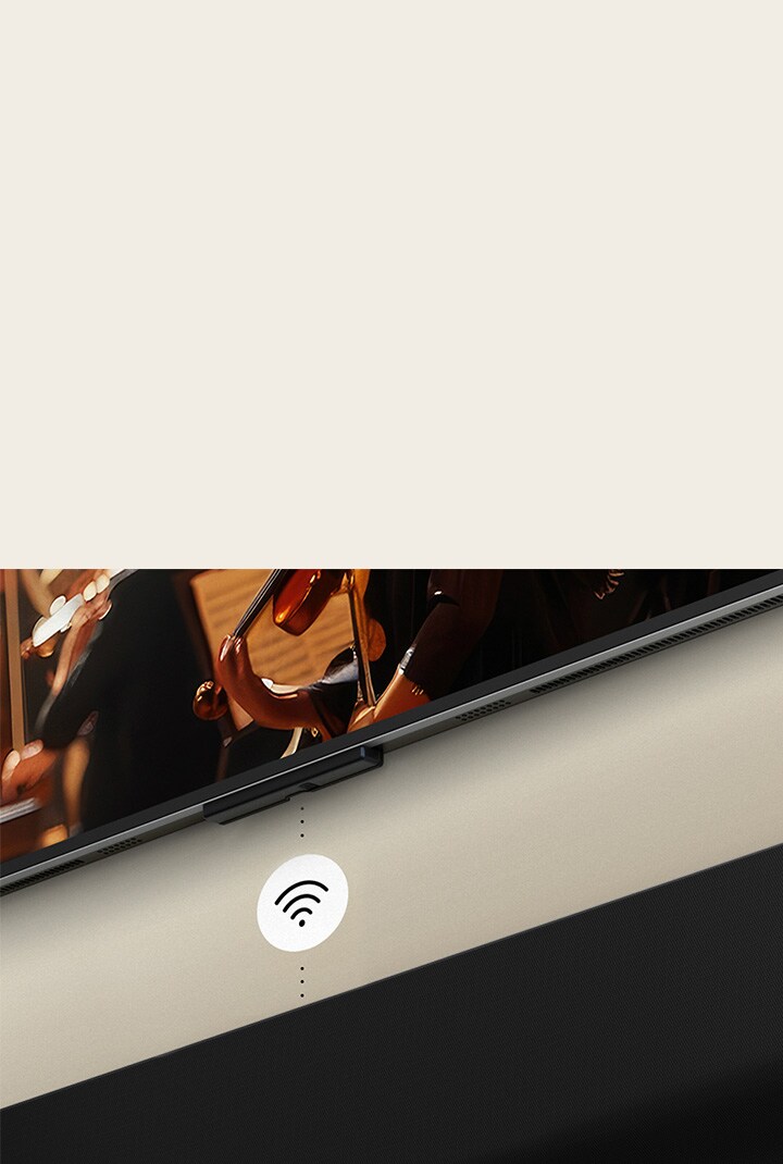 Close up of LG TV above a LG Soundbar with a WIFI symbol floating on top.