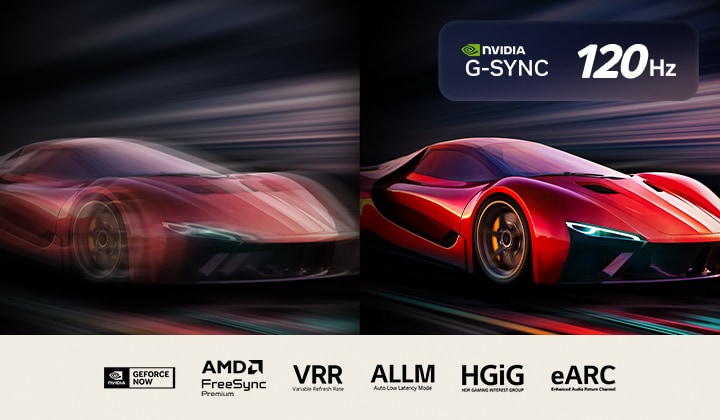 ビデオゲーム内の車の画像が2枚並んでいる。1つ目にはいくつもの画像ブレがある。2つ目は高いフレームレートのLG OLED TVの画像で、クリアかつ焦点が定まっている。NVIDIA G-Syncロゴと144Hzロゴ、およびその他の関連認定が表示されている。