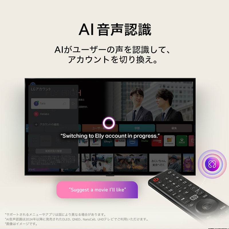 前面にAI Magic Remoteが付属しているLG TVのスクリーン。AIボタンが強調され、吹き出しにテキストが映し出されており、ユーザーのお気に入りの映画が提案されている。スクリーンにEというユーザーアイコンが表示されており、AI Voice IDが声だけでユーザーを識別してパーソナライズされた提案ができることを示している。