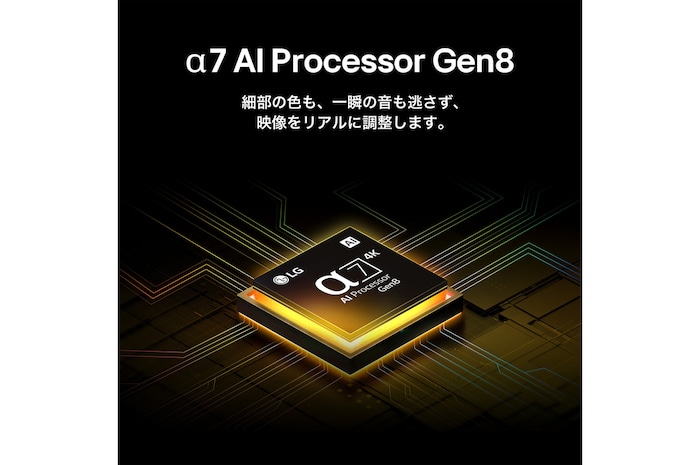 第8世代alpha 7 AIプロセッサーが黄色に光った後、カラフルな光が放たれる。プロセッサーが4K品質と優れた色および輝度を提供することを説明するタイトル。