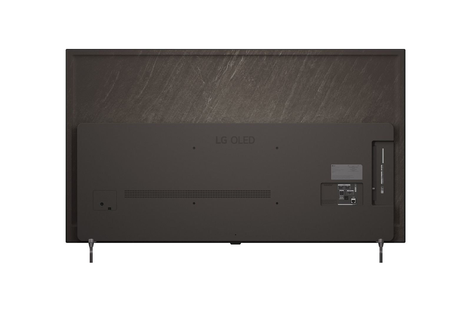超薄型デザインと極細ベゼルを備えたLG OLED AI B6が、スタイリッシュなリビング空間に壁掛けで設置されている。画面には虹色のトーンで彩られた風景と、層をなす山々の造形が映し出されている。