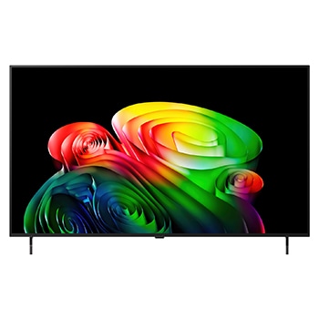 2026年に発売されたLG OLED AI B6の正面図。スリムなブラックベゼルを備え、画面いっぱいに豊かな層を成す多色の造形体が鮮やかに浮かび上がる。