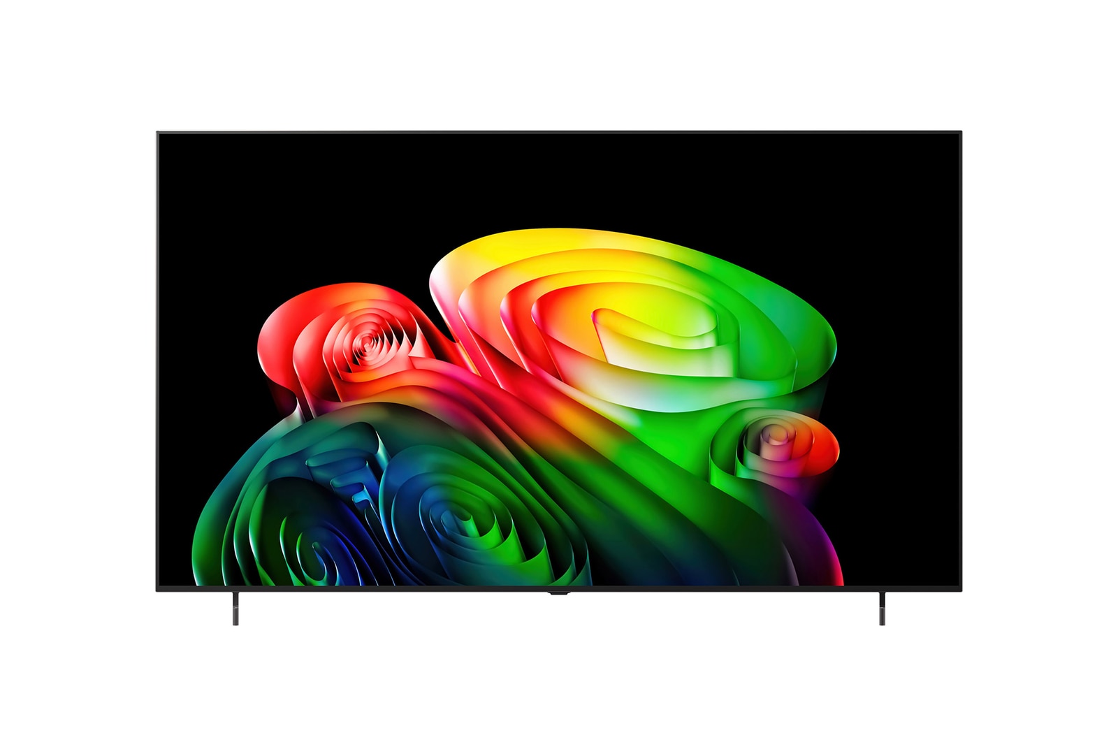 2026年に発売されたLG OLED AI B6の正面図。スリムなブラックベゼルを備え、画面いっぱいに豊かな層を成す多色の造形体が鮮やかに浮かび上がる。
