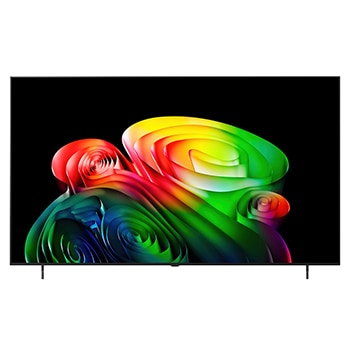 2026年に発売されたLG OLED AI B6の正面図。スリムなブラックベゼルを備え、画面いっぱいに豊かな層を成す多色の造形体が鮮やかに浮かび上がる。