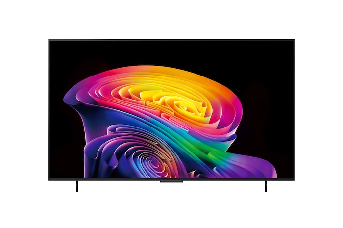 The front view of LG OLED evo AI C6, released in 2026, features a slim black bezel, with a vivid, sculpted swirl of layered rainbow tones flowing across the screen.