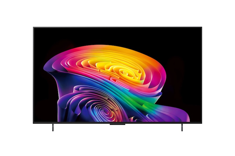 The front view of LG OLED evo AI C6, released in 2026, features a slim black bezel, with a vivid, sculpted swirl of layered rainbow tones flowing across the screen.