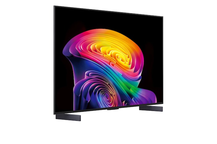 LG OLED evo AI C6 shown in front and side views highlights a 77-inch display with a 1711 mm-wide screen, an overall height of 982 mm, and an ultra-slim 47.1 mm depth without a stand.