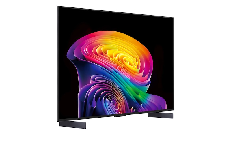 LG OLED evo AI C6 shown in front and side views highlights a 77-inch display with a 1711 mm-wide screen, an overall height of 982 mm, and an ultra-slim 47.1 mm depth without a stand.