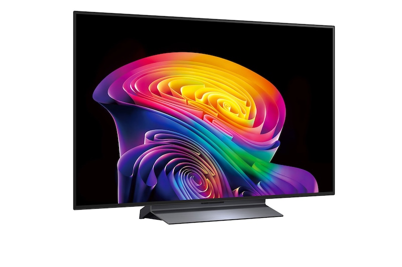 The front view of the LG OLED evo AI C6, released in 2026, displays an image of layered, multicolored forms, featuring Hyper Radiant Color Tech, Perfect Black & Perfect Color, along with the World’s No.1 OLED TV for 13 Years badge.