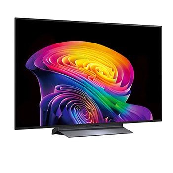 The front view of the LG OLED evo AI C6, released in 2026, displays an image of layered, multicolored forms, featuring Hyper Radiant Color Tech, Perfect Black & Perfect Color, along with the World’s No.1 OLED TV for 13 Years badge.