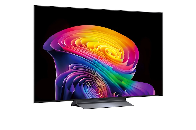 The front view of the LG OLED evo AI C6, released in 2026, displays an image of layered, multicolored forms, featuring Hyper Radiant Color Tech, Perfect Black & Perfect Color, along with the World’s No.1 OLED TV for 13 Years badge.