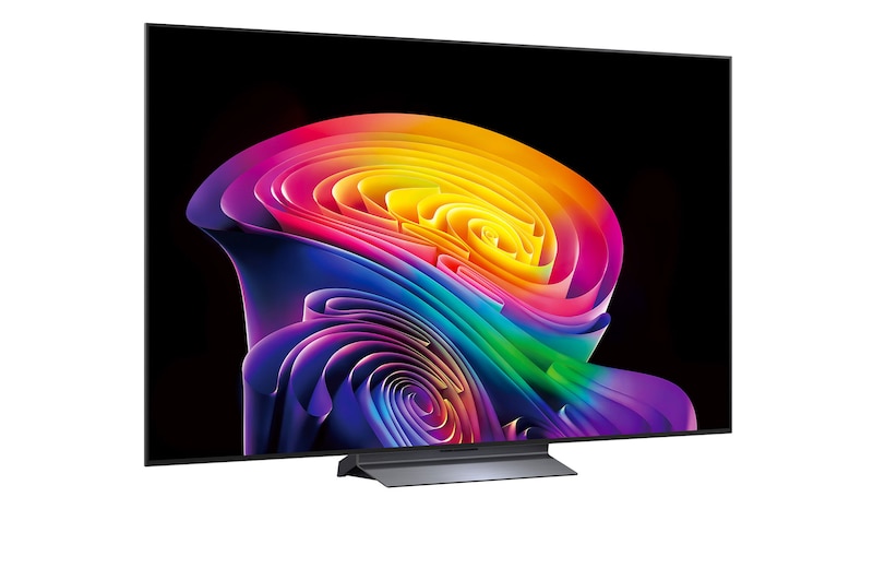 The front view of LG OLED evo AI C6, released in 2026, features a slim black bezel, with a vivid, sculpted swirl of layered rainbow tones flowing across the screen.