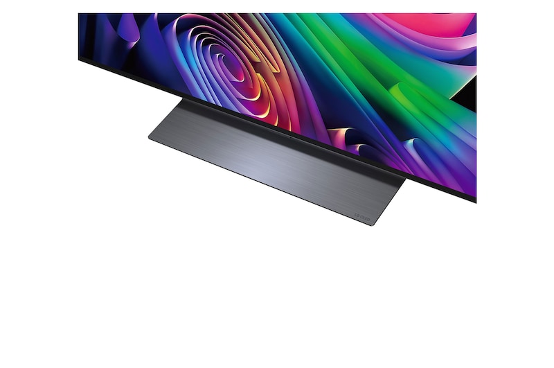 LG OLED evo AI C6 shows a split-screen planet-and-stars scene, comparing an anti-glare matte display with its Perfect Black & Perfect Color display for clearer picture quality in any light, supported by UL certification and Intertek certifications for color volume and color fidelity.
