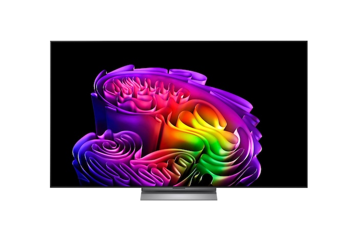 The front view of LG OLED evo AI G6, released in 2026, features a slim black bezel, with a vivid, sculptural image of richly layered, multicolored forms filling the screen.