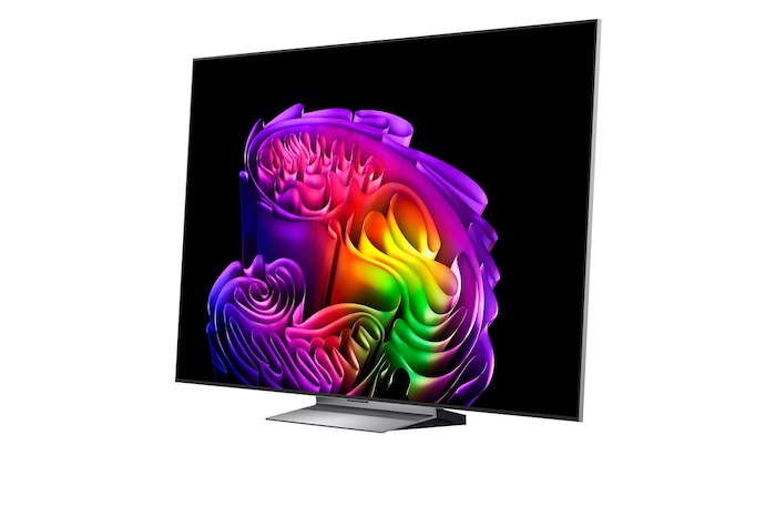 LG OLED evo AI G6 shows a split-screen planet-and-stars scene, comparing an anti-glare matte display with its Perfect Black & Perfect Color display for clearer picture quality in any light, supported by UL certification and Intertek certifications for color volume and color fidelity.