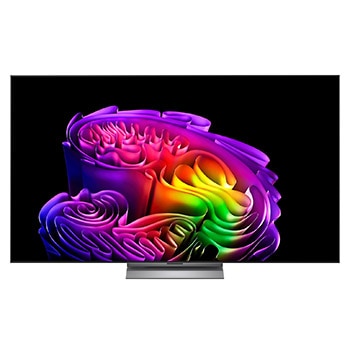 The front view of LG OLED evo AI G6, released in 2026, features a slim black bezel, with a vivid, sculptural image of richly layered, multicolored forms filling the screen.