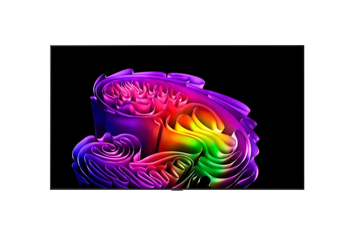 The front view of LG OLED evo AI G6, released in 2026, features a slim black bezel, with a vivid, sculptural image of richly layered, multicolored forms filling the screen.