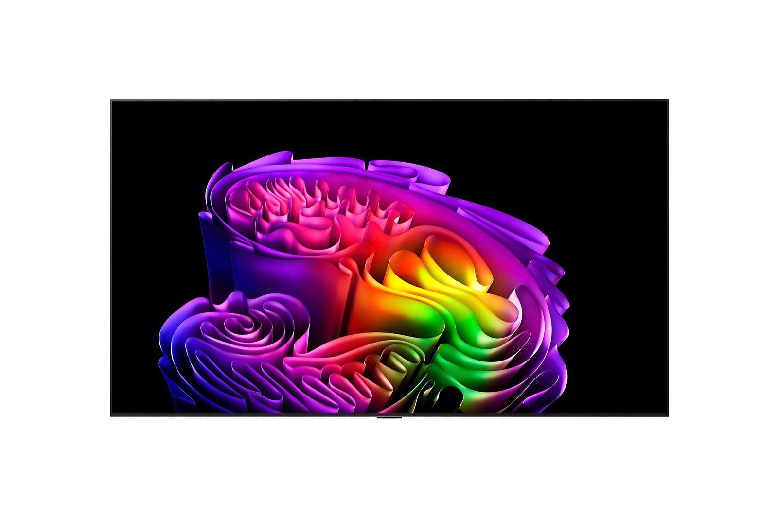 The front view of LG OLED evo AI G6, released in 2026, features a slim black bezel, with a vivid, sculptural image of richly layered, multicolored forms filling the screen.