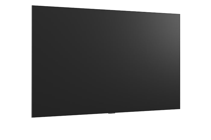 LG OLED evo AI G6 is flush-fit wall-mounted in a modern lifestyle living room, displaying a vivid aurora over a serene coastal village, resembling a framed picture on the wall.