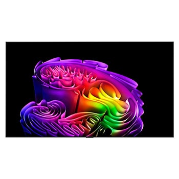 The front view of LG OLED evo AI G6, released in 2026, features a slim black bezel, with a vivid, sculptural image of richly layered, multicolored forms filling the screen.