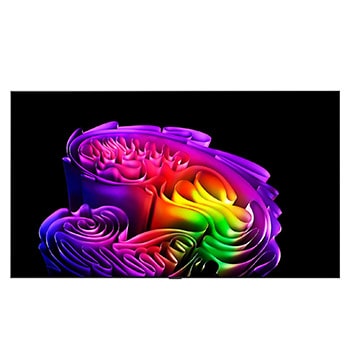 The front view of LG OLED evo AI G6, released in 2026, features a slim black bezel, with a vivid, sculptural image of richly layered, multicolored forms filling the screen.