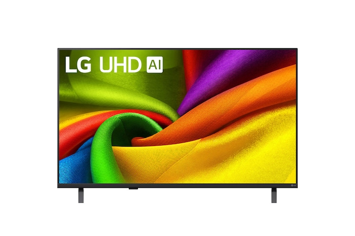 2026年に発売されたLG NANO 4K UHD AI NU85の正面図。画面全体に豊かな質感の布地のような色彩の層が広がり、ディスプレイ全体で鮮やかな多色の折り目がなめらかに絡み合っている。