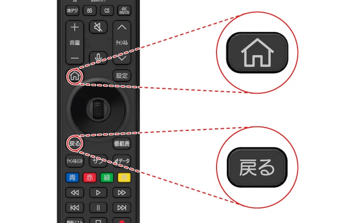 リモコンのホームボタンと戻るボタンを同時に5秒以上長押しして、マジックリモコンとTVのペアリングを解除する ホームボタンと設定ボタンを同時に5秒以上長押しして、マジックリモコンの接続と登録を解除する