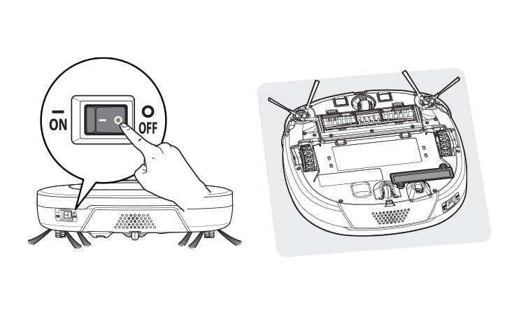 ロボット掃除機の後部左側にある主電源スイッチを切ります 床に柔らかい布を敷いてからダストビンを取り外し、ロボット掃除機を裏返します