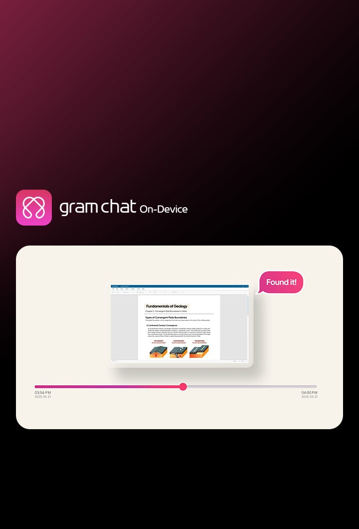 LG gram chat On-Device AIの「タイムトラベル」機能により、進捗バーを使って過去の画面をブラウズし、過去に開いたファイルを再訪できます。通知。