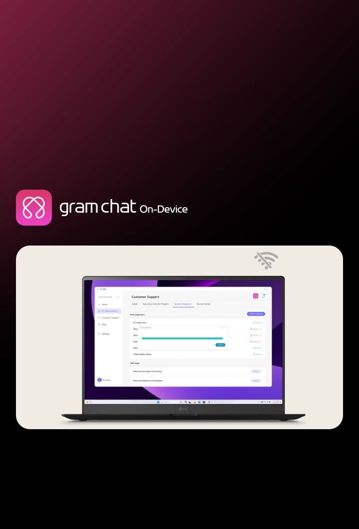 LG gram chat On-Device AIが年中無休のオフラインサポートを提供しており、Wi-Fiアイコンが表示されていないノートパソコン画面上にカスタマーサポートのインターフェースが表示されている。