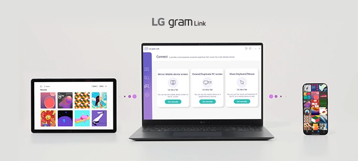 LG gram Linkインターフェースがノートパソコンに表示されている。タブレットとスマートフォンにシームレスに接続され、画面共有、ファイル転送、プラットフォーム間のデバイス同期化が行われている。