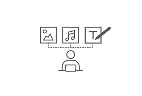 This image showcases the Editor features of LG SuperSign CMS, with various creation tools for music, images, widgets, and videos represented through simple icons.