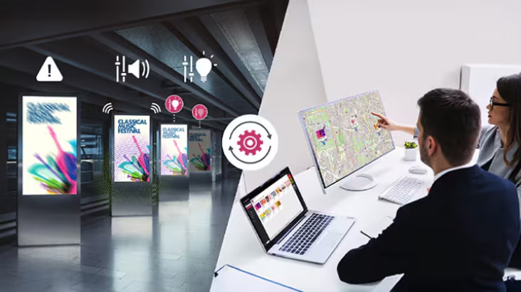 The image illustrates an example of an administrator remotely publishing content via LG SuperSign Cloud.