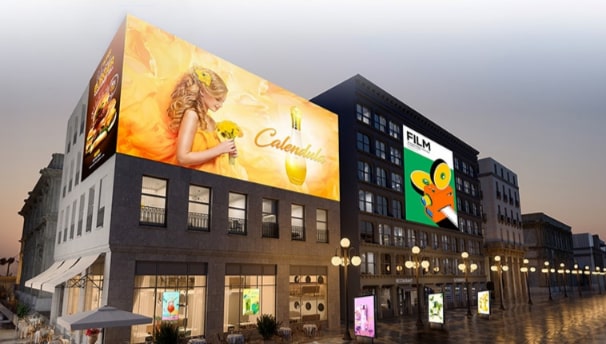 LG SuperSign CMS supports customized design templates tailored to various spaces, and the image illustrates these templates with simple icons.