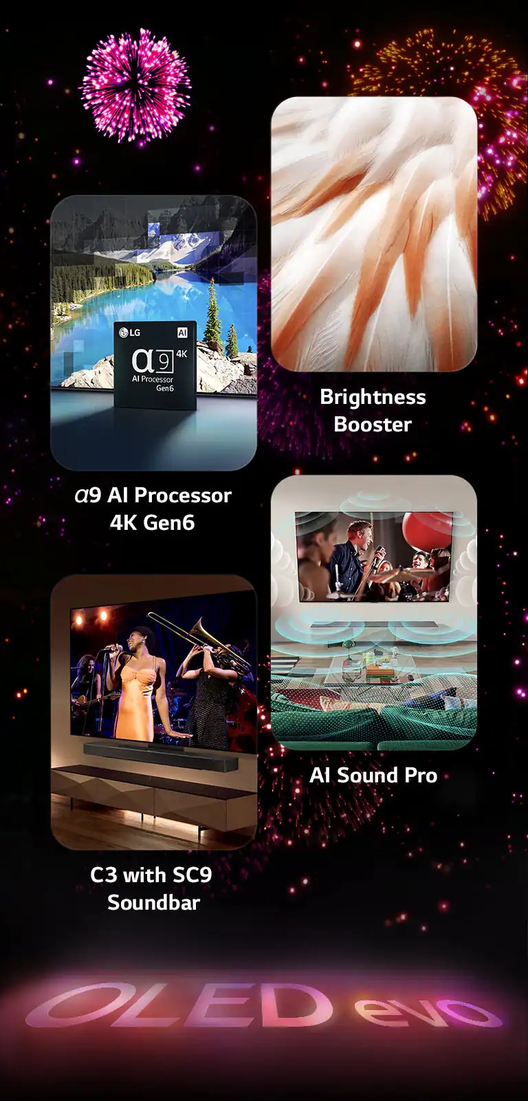 黒の背景にピンクとパープルの花火を映し出している、LG OLED evo C3 の主な機能を表している画像。地の花火からピンクの反射で「OLED evo.」の文字が映し出されている。その中で、α9 AI Processor 4K Gen6 を描いた画像が、湖の写真の前で処理技術でリマスターされたチップが立っているところを示している。Brightness Booster Max を表す画像が、鳥の鮮やかな羽を示している。SC9 サウンドバーを表す画像が、壁にスマートにかかっている LG OLED evo C3 と SC9 サウンドバーを表しており、テレビには音楽コンサートが流れている。AI Sound Pro を表す画像が、テレビでロックショーを映し出しており、音の波を描くミュージックバブルがリビングスペースを満たしている。