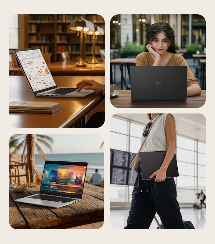 この画像は、LG gram Bookノートパソコンの様々な日常的な使用シナリオを示しています。屋内での作業、タスクでの共同作業、旅行中のノートパソコンの使用、移動中の持ち運びなど、異なる環境での携帯性と柔軟な生産性を強調しています。