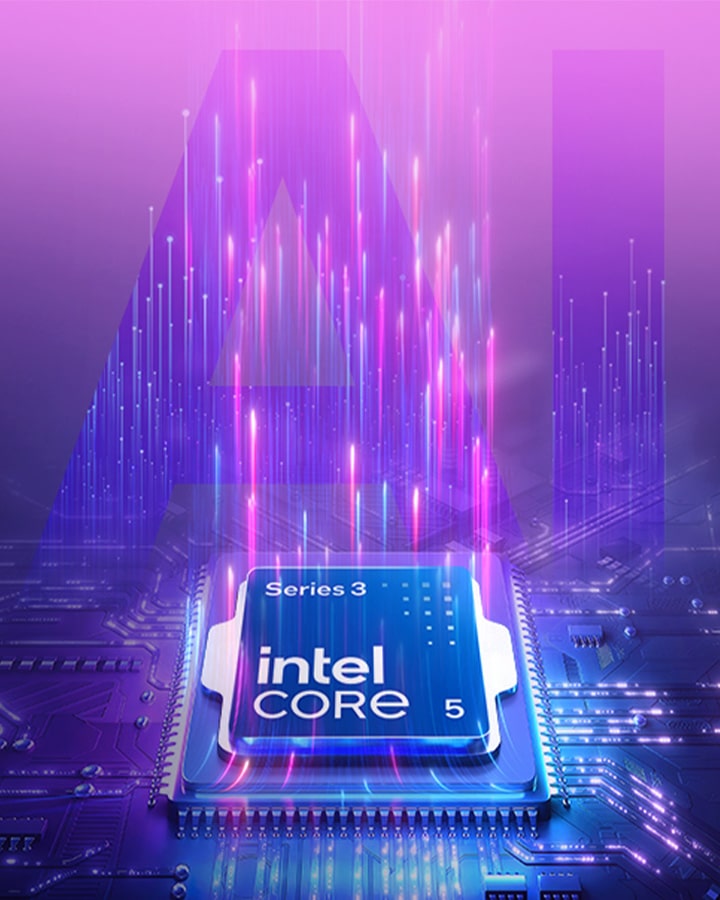 画像は、青から紫へのグラデーションの背景にIntel® Core™ プロセッサーが配置され、プロセッサーの背後には大きく半透明の「AI」の文字が重ねられています。