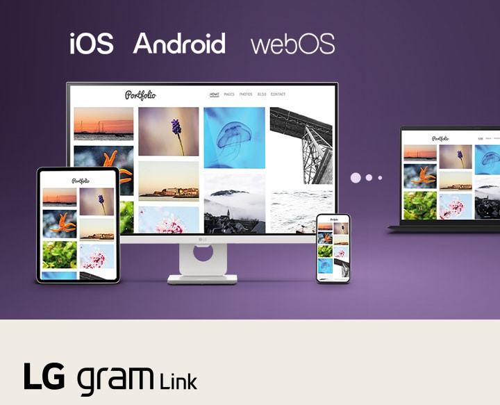 タブレット、スマートフォン、デスクトップディスプレイに接続されたLG gramノートパソコンの画像。LG gram Linkを使用して、iOS、Android、webOS間でのシームレスなマルチデバイス同期とコンテンツ共有を行えることを表している。