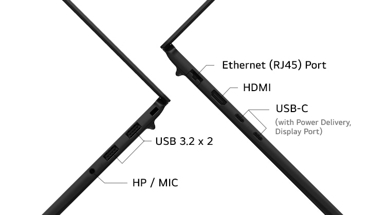 この画像は、ノートパソコンの側面ポートを強調しており、HDMI、Power DeliveryおよびDisplayPort対応のUSB 3.2 Type-C、USB 3.2ポート、HP/MICコンボジャックが含まれています。これにより、ドッキングステーションなしで充電、データ転送、外部ディスプレイのためのシンプルなプラグアンドプレイ接続が可能になります。