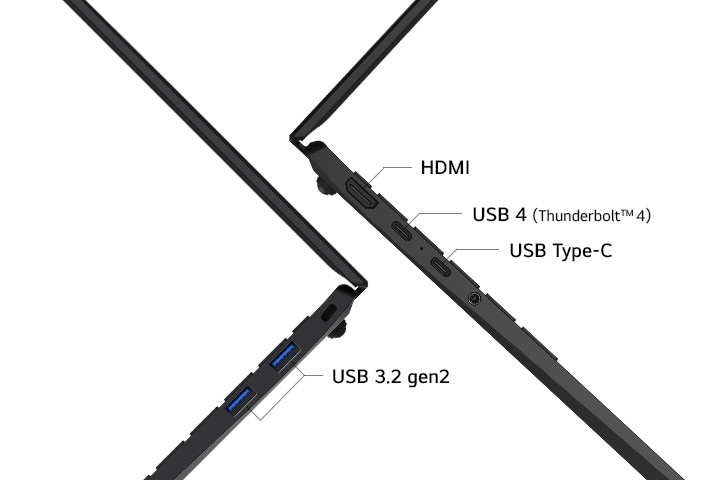 HDMI、USB 4 (Thunderbolt™ 4)、USB 3.2 gen2など、ノートパソコンのサイドポートを強調する画像。ノートパソコンが多様な接続性オプションを備えていることを示している。