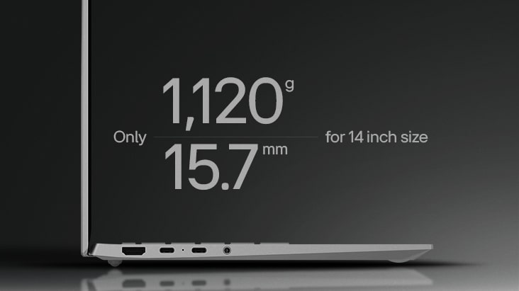 This image shows a close-up side view of the gram 14 inch laptop, highlighting only 1,120 grams in weight and 15.7 mm in thickness for the 14 inch size.
