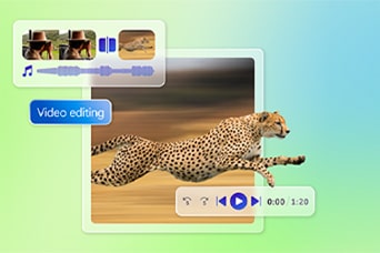 This image shows a video editing interface with a running cheetah, symbolizing high-speed performance and creative capabilities on an laptop.