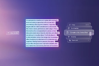 This image shows highlighted text on a gradient background with AI-powered editing options such as ‘Summarize’ and ‘Create a bulleted list,’ illustrating Copilot+ PC’s intelligent text assistance and content creation features.