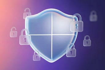This image shows a glowing translucent shield icon surrounded by several lock on a gradient background.